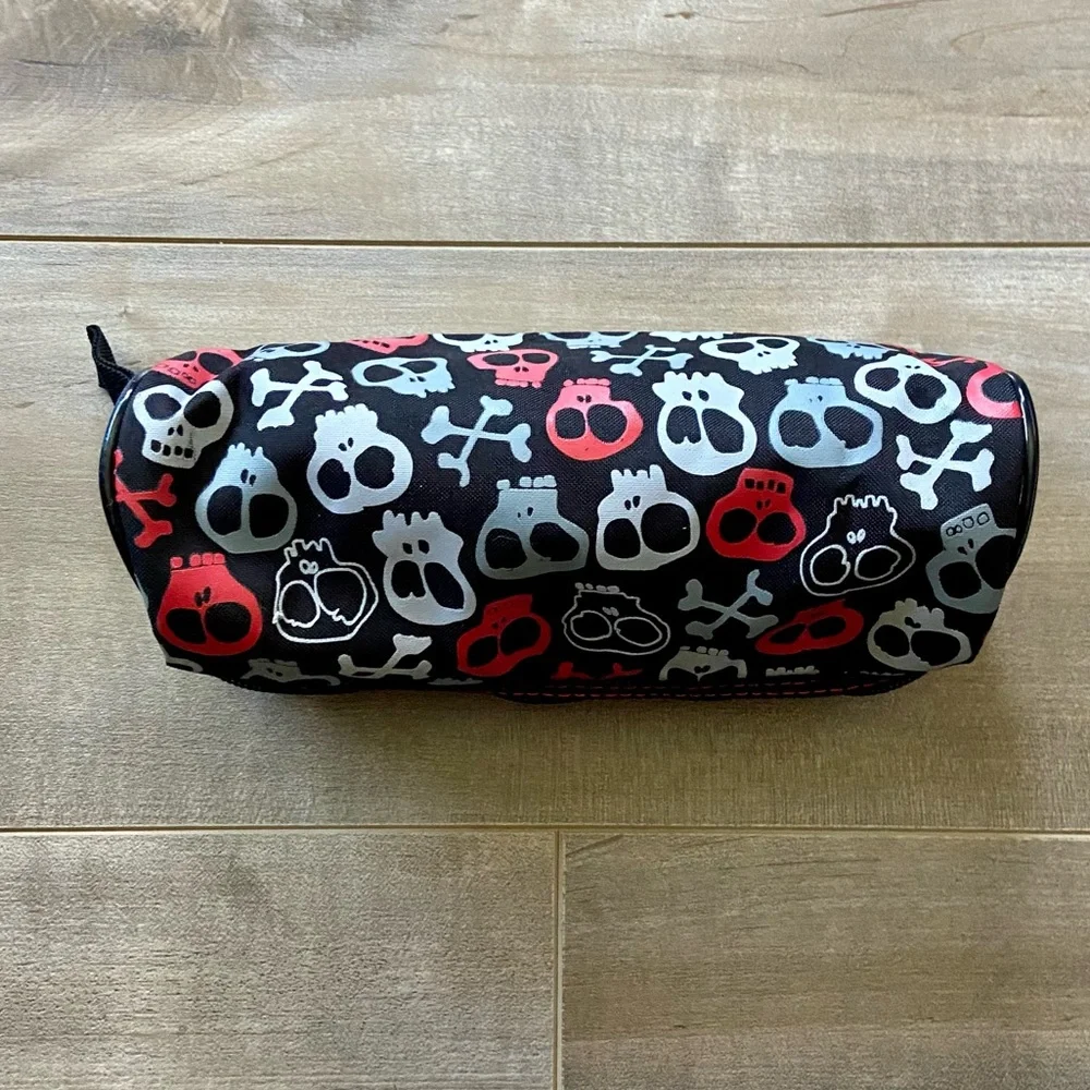 Fashion Stationary Black, Red and Gray Skull & Crossbones Double Zip Pencil Case